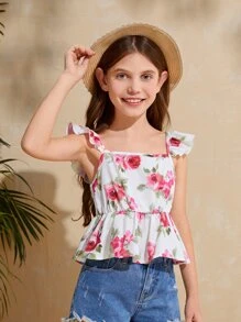 SHEIN Girls Floral Print Ruffle Trim Peplum Blouse - White - View 1