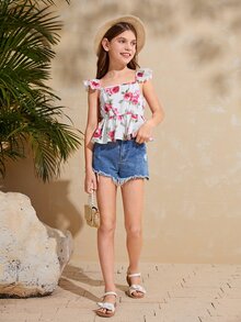 SHEIN Girls Floral Print Ruffle Trim Peplum Blouse - White - View 5