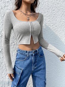 SHEIN EZwear Scoop Neck Zip Up Crop Tee - Grey - View 3