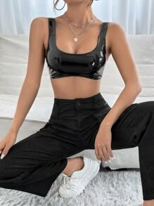 SHEIN PETITE 素色PU皮革短款背心