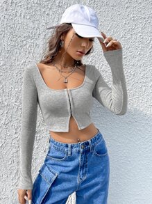 SHEIN EZwear Scoop Neck Zip Up Crop Tee - Grey - View 5