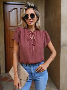 SHEIN Clasi 圓點木耳褶皺邊繫帶領泡泡袖連體衣 - 紅木色 - 查看 1