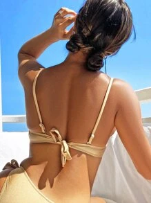 SHEIN Swim Summer Beach Scallop Trim Push Up Bikini Top - Khaki - View 3