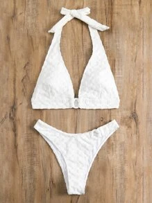 SHEIN Swim 環狀連接頸掛式夏季沙灘比基尼套裝 - 白色 - 查看 3