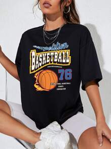 SHEIN EZwear Áo thun nữ Lá thư Giải trí - màu đen - Xem 4