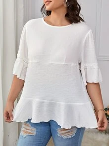 SHEIN VCAY Blusa de manga con volante bajo con fruncido