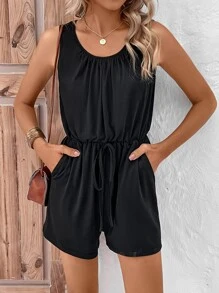 SHEIN LUNE Áo liền quần nữ Túi Thắt nơ trước màu trơn Giải trí - màu đen - Xem 6