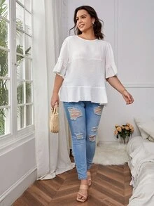 SHEIN VCAY Blusa de manga con volante bajo con fruncido