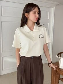 DAZY Letter Embroidery Half Zip Tee - Apricot - View 5