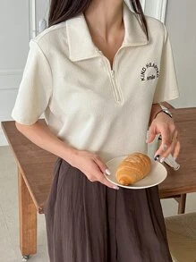 DAZY Letter Embroidery Half Zip Tee - Apricot - View 1