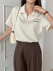 DAZY Letter Embroidery Half Zip Tee - Apricot - View 2