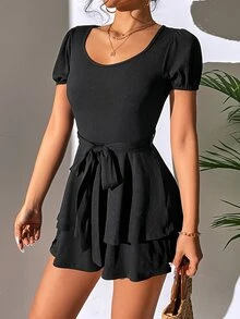 SHEIN Privé Puff Sleeve Two Layer Hem Belted Romper - Black - View 4