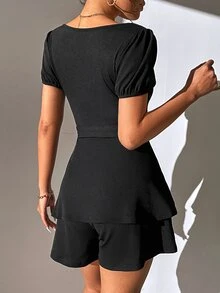 SHEIN Privé Puff Sleeve Two Layer Hem Belted Romper - Black - View 2