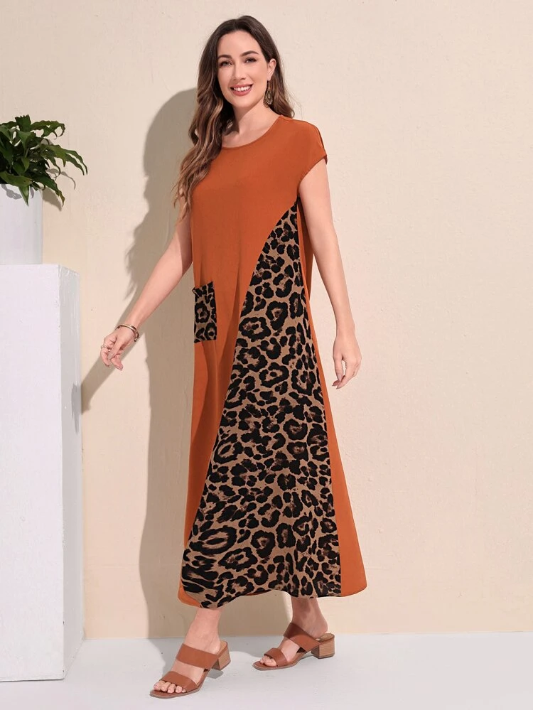 Leopard Print Patch Pocket Tee Long Summer Dress