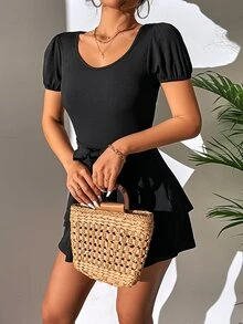 SHEIN Privé Puff Sleeve Two Layer Hem Belted Romper - Black - View 5