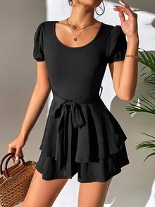 SHEIN Privé Puff Sleeve Two Layer Hem Belted Romper - Black - View 6