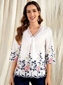 EMERY ROSE Blusa con bordado floral de cuello V - Blanco - Ver 1