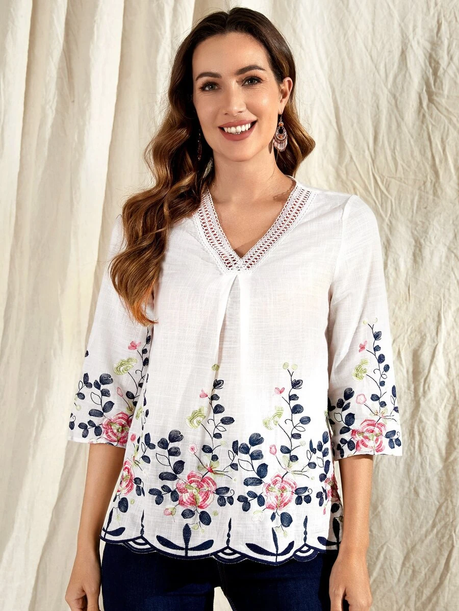 EMERY ROSE Blusa con bordado floral de cuello V - Blanco - Ver 1