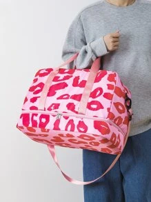 Fashionable, Simple, Fashionable, Large-Capacity Travel Luggage Bag For Women With Contrasting Leopard Print Handbag, Dry And Wet Separation, Independent Shoe Compartment, Trolley Crossbody Bag, Suitable For Short-Distance Business Trips, Travel, Fitness, Sports, And Overnight Stays In The Hospital. - Pink - View 1