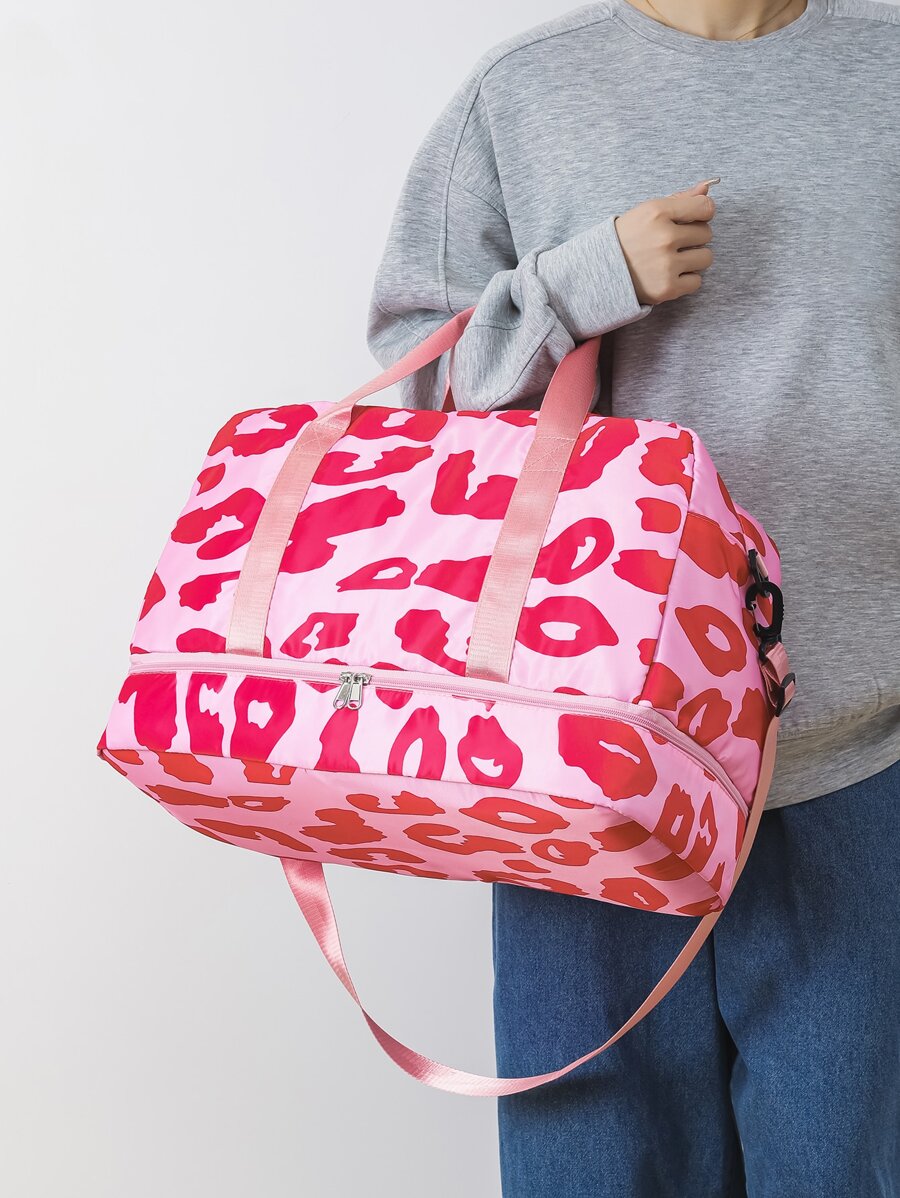 Fashionable, Simple, Fashionable, Large-Capacity Travel Luggage Bag For Women With Contrasting Leopard Print Handbag, Dry And Wet Separation, Independent Shoe Compartment, Trolley Crossbody Bag, Suitable For Short-Distance Business Trips, Travel, Fitness, Sports, And Overnight Stays In The Hospital. - Pink - View 1
