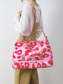 Fashionable, Simple, Fashionable, Large-Capacity Travel Luggage Bag For Women With Contrasting Leopard Print Handbag, Dry And Wet Separation, Independent Shoe Compartment, Trolley Crossbody Bag, Suitable For Short-Distance Business Trips, Travel, Fitness, Sports, And Overnight Stays In The Hospital. - Pink - View 2