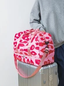 Fashionable, Simple, Fashionable, Large-Capacity Travel Luggage Bag For Women With Contrasting Leopard Print Handbag, Dry And Wet Separation, Independent Shoe Compartment, Trolley Crossbody Bag, Suitable For Short-Distance Business Trips, Travel, Fitness, Sports, And Overnight Stays In The Hospital. - Pink - View 3