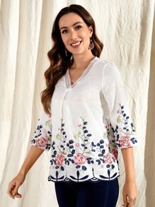 EMERY ROSE Blusa con bordado floral de cuello V - Blanco - Ver 3
