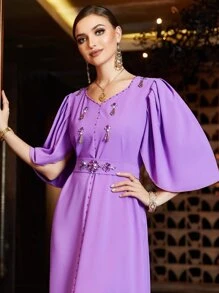 Al Najma 水鑽細節下擺開叉連衣裙不附腰帶 - 紫色 - 查看 4