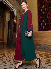 Al Najma 撞色幾何印花V領水鑽細節連衣裙 - 彩色 - 查看 7