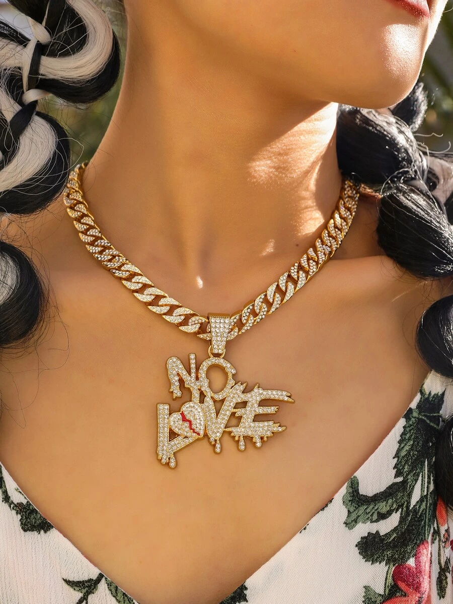 Rhinestone Letter Pendant Necklace - Yellow Gold - View 1