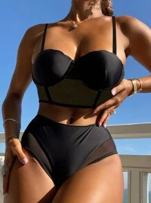 Contrast Mesh Scallop Trim Push Up Bikini Set Summer Beach - Black - View 2