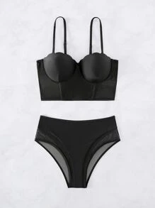 Contrast Mesh Scallop Trim Push Up Bikini Set Summer Beach - Black - View 1