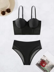 Contrast Mesh Scallop Trim Push Up Bikini Set Summer Beach - Black - View 5