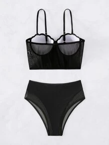 Contrast Mesh Scallop Trim Push Up Bikini Set Summer Beach - Black - View 6