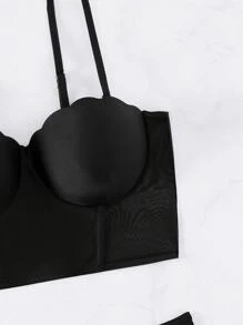 Contrast Mesh Scallop Trim Push Up Bikini Set Summer Beach - Black - View 7