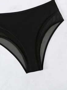 Contrast Mesh Scallop Trim Push Up Bikini Set Summer Beach - Black - View 8