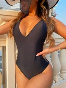 鏤空露背連體泳衣 - 黑色 - 查看 2