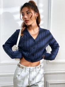 SHEIN EZwear Solid Button Front Cable Knit Cardigan - Navy Blue - View 4