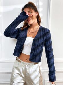 SHEIN EZwear Solid Button Front Cable Knit Cardigan - Navy Blue - View 1