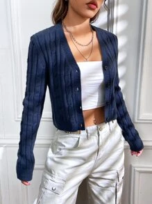 SHEIN EZwear Solid Button Front Cable Knit Cardigan - Navy Blue - View 6