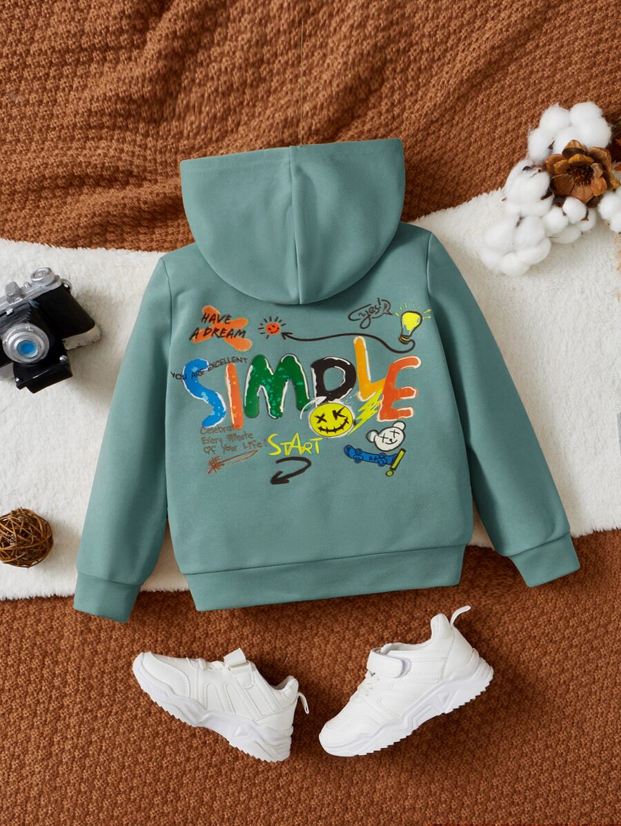 SHEIN 小男童卡通和標語圖案連帽衫 - 薄荷綠 - 查看 1