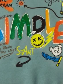 SHEIN 小男童卡通和標語圖案連帽衫 - 薄荷綠 - 查看 4