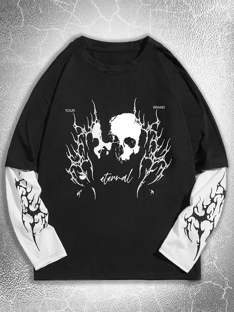 ROMWE MEN Grunge Punk メンズ 2in1 スカル プリント Y2K Tシャツ