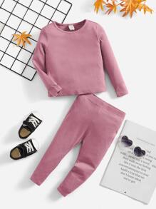 SHEIN Conjunto De 2 Piezas Para Niña Bebé, Camiseta De Manga Larga De Cuello Redondo Con Pantalones Largos Con Cintura Elástica, Adecuado Para La Primavera Y El Otoño - Rosa vieja - Ver 1