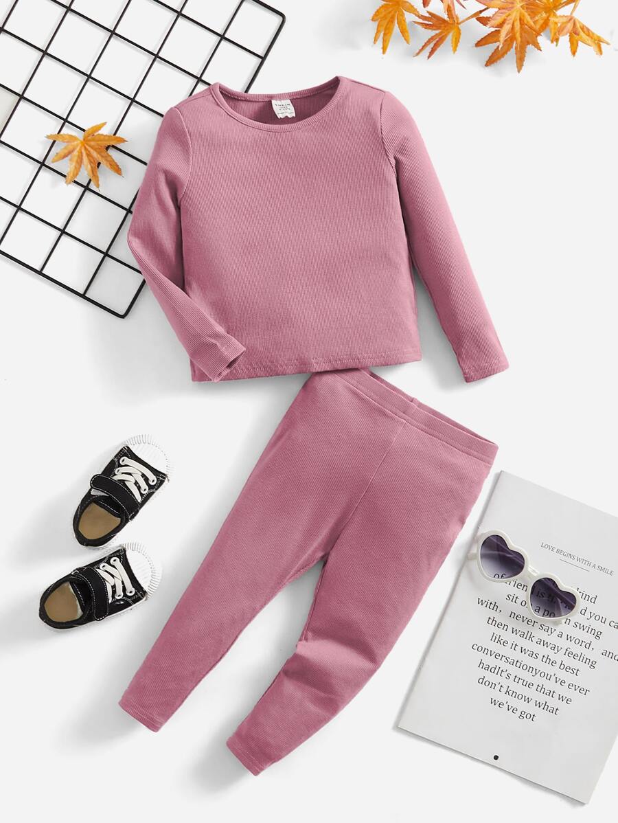 SHEIN Conjunto De 2 Piezas Para Niña Bebé, Camiseta De Manga Larga De Cuello Redondo Con Pantalones Largos Con Cintura Elástica, Adecuado Para La Primavera Y El Otoño - Rosa vieja - Ver 1