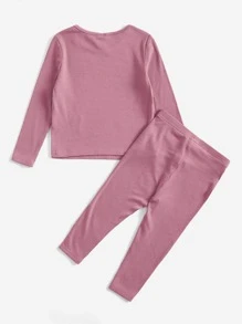 SHEIN Conjunto De 2 Piezas Para Niña Bebé, Camiseta De Manga Larga De Cuello Redondo Con Pantalones Largos Con Cintura Elástica, Adecuado Para La Primavera Y El Otoño - Rosa vieja - Ver 2