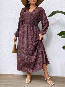 SHEIN Clasi Plus Ditsy Floral Print Lantern Sleeve Dress - Multicolor - View 1