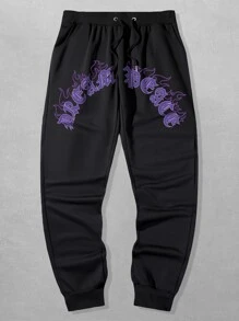 ROMWE MEN Street Life Nam Lá thư Đồ họa Lửa Dây rút Quần thể thao - màu đen - Xem 1