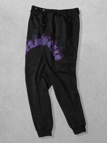 ROMWE MEN Street Life Nam Lá thư Đồ họa Lửa Dây rút Quần thể thao - màu đen - Xem 6