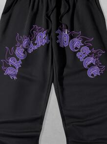 ROMWE MEN Street Life Nam Lá thư Đồ họa Lửa Dây rút Quần thể thao - màu đen - Xem 7